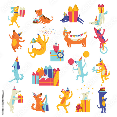 Dog at Birthday Party in Cone Hat with Gift Box Having Fun Big Vector Set