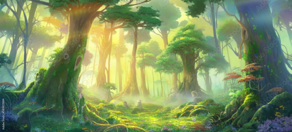 Fantasy spring forest scene illustration