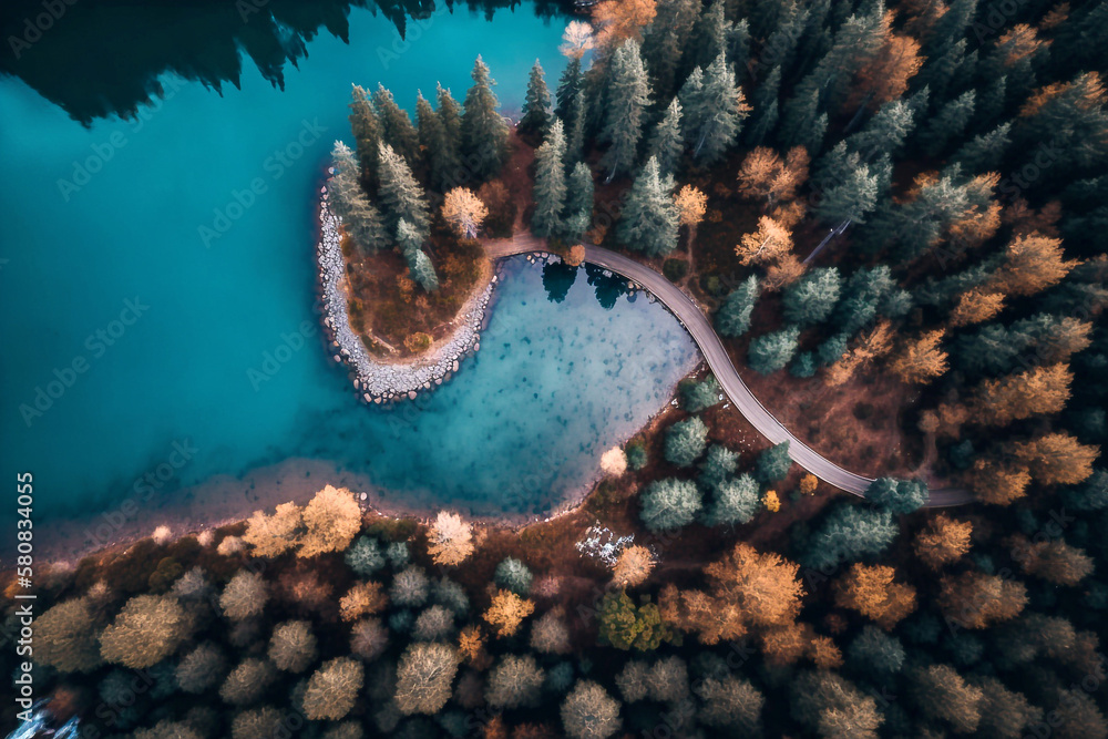 Obraz premium Forest and lake, landscape aerial drone view - AI generative