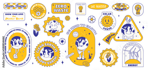 Save the planet stickers in trendy retro cartoon style. World Environment Day. Cute Earth character and mascot set.