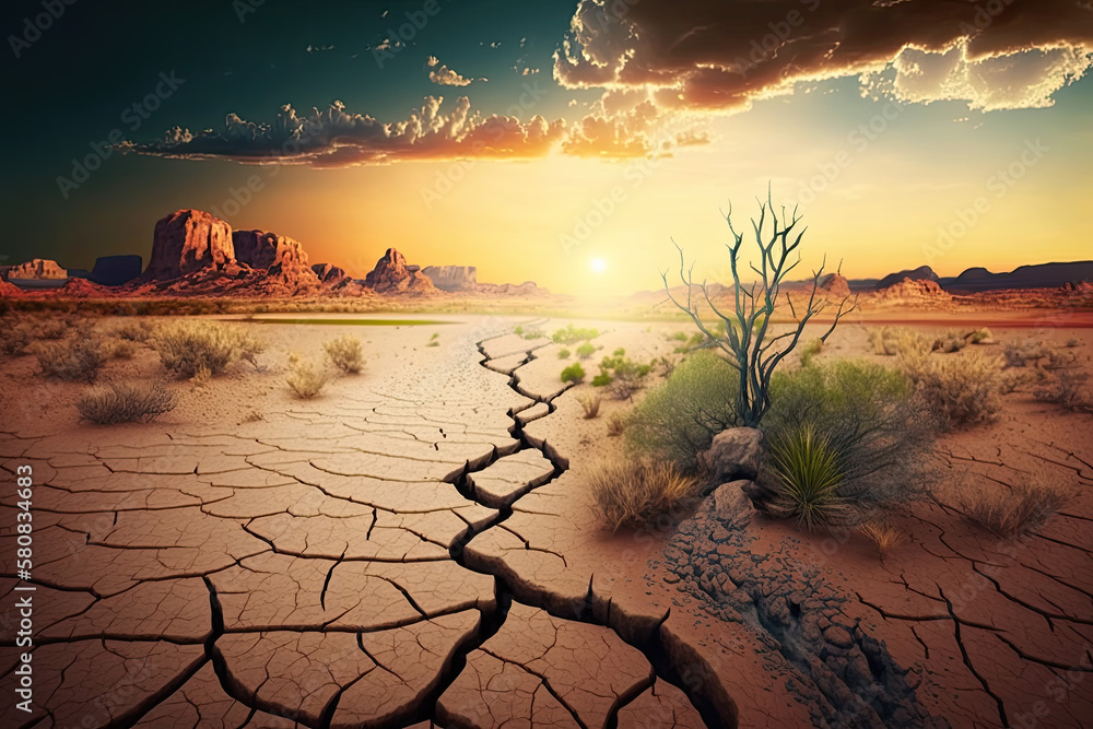 dry brittle earth in a desert at sunset. Generative AI Stock