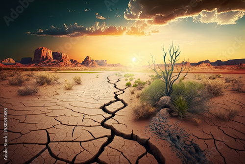 Fotografia dry brittle earth in a desert at sunset. Generative AI