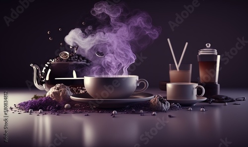  a cup of tea with steam rising out of it and a teapot with a kettle on the side and a cup of tea on the other side. generative ai