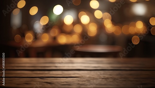 Bokeh lights on a blurred background with an empty wooden table in the foreground. Generative AI illustration.