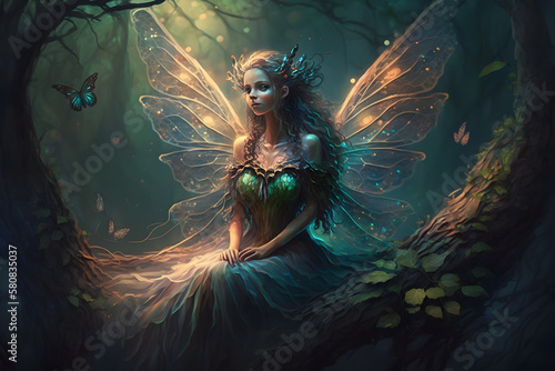 Stampa su tela Beautiful fantasy elf woman butterfly queen