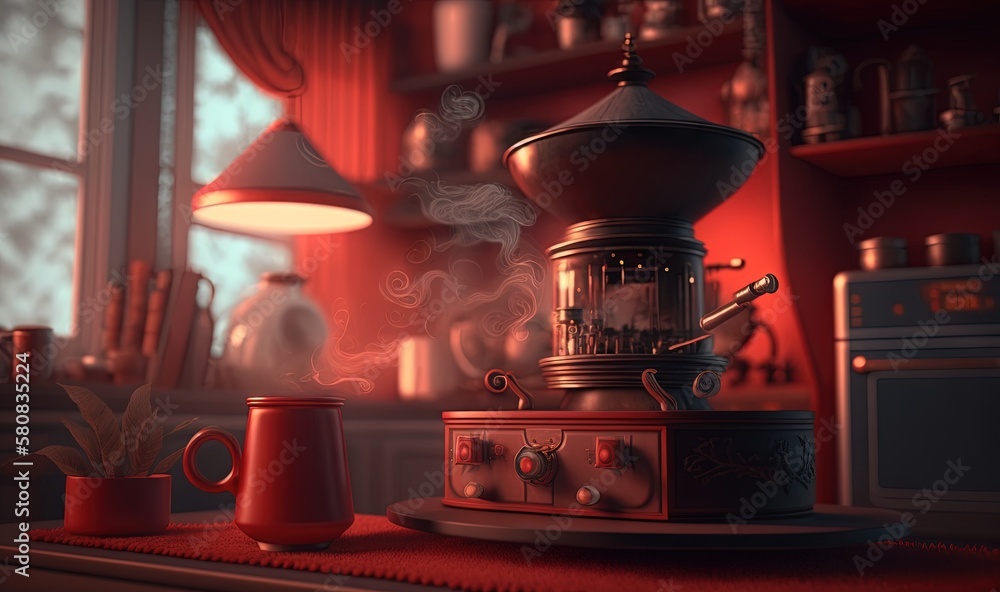  a red room with a coffee pot and a red coffee pot on a table next to a red coffee pot and a red coffee pot.  generative ai