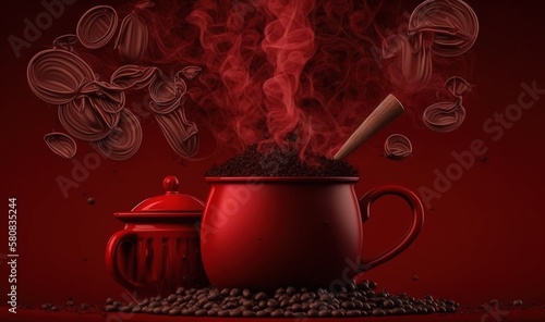  a red coffee pot and a red coffee pot filled with coffee beans and steam coming out of the top of the pot with a wooden spoon. generative ai