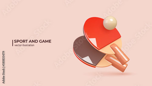 3d realistic Ping pong racket and ball. Realistic 3d design of sports elements Ball and Pinpong Rockets in cartoon minimal style. Vector illustration