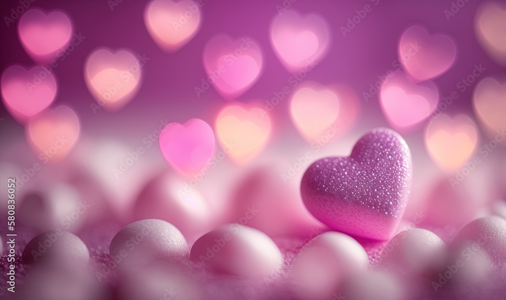  a pink heart surrounded by white balls and pink hearts on a pink and purple background with pink and white hearts in the background and a pink background.  generative ai