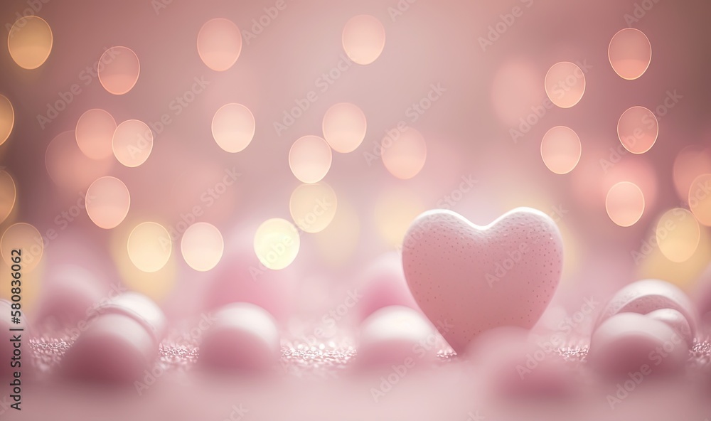  a heart shaped object sitting on top of a pink tablecloth covered in bubbles of water and bubbles of light in the background, with a boket.  generative ai