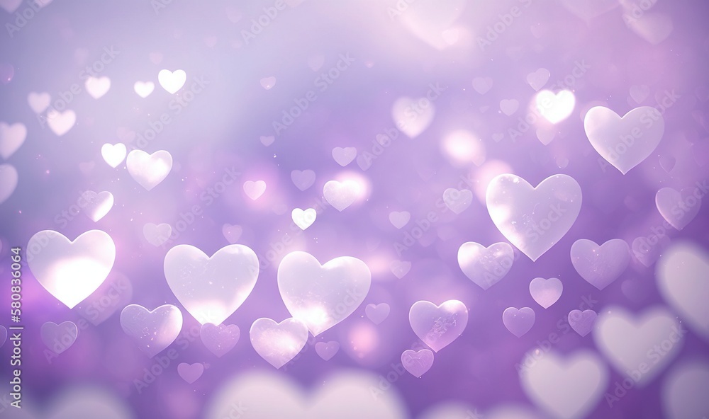  a bunch of white hearts floating in the air on a purple and white background with a blurry light behind them and a blurry background of white hearts.  generative ai