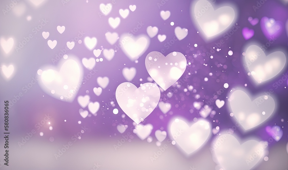  a bunch of hearts floating in the air on a blurry purple and white background with boke of light and bubbles in the air.  generative ai