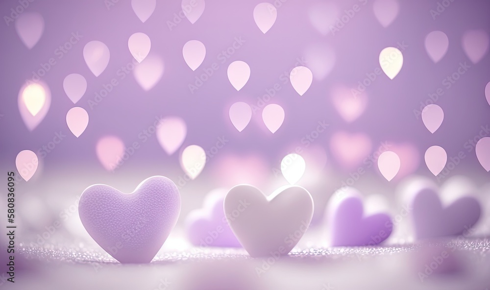  a group of hearts sitting on top of a table next to a wall of hearts in the background of a purple background with white lights.  generative ai