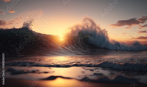  the sun is setting over a large wave in the ocean with the ocean foamy water and the sun peeking out of the clouds in the distance. generative ai