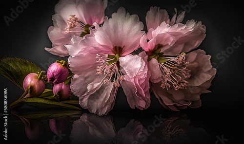  a close up of some pink flowers on a black surface with a reflection on the surface of the image and a green leaf on the other side of the image. generative ai