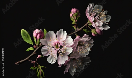  a branch of a flowering tree with pink and white flowers on a black background with green leaves and a budding branch with green leaves. generative ai