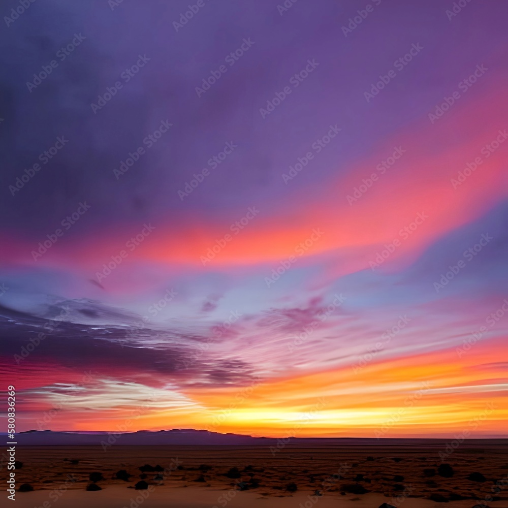 Obraz premium colorful pink, orange, and yellow sunset over a dark, barren desert