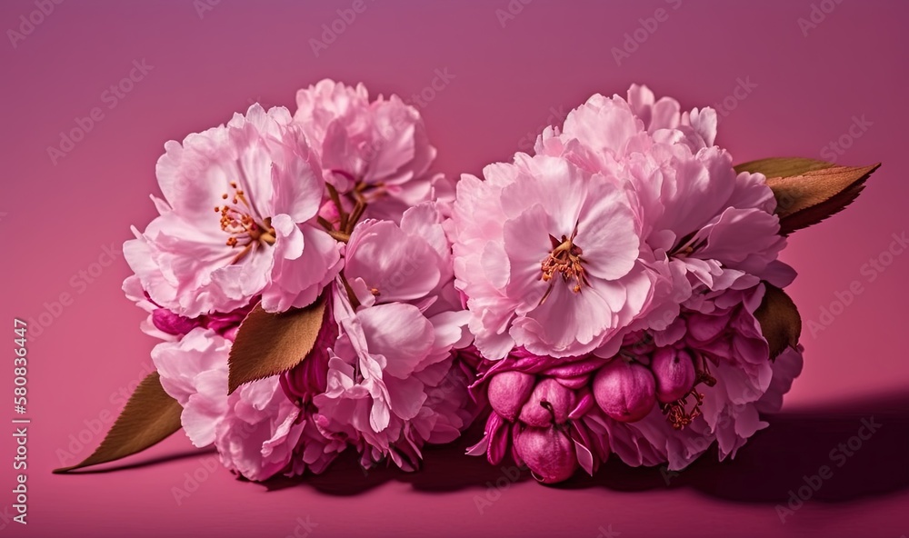  a group of pink flowers sitting on top of a pink table top next to a pink wall and a green leafy plant on the side of the table.  generative ai