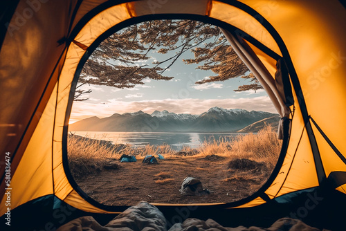 Morning wake up camping in the woods at lake view inside the tent - Ai generative