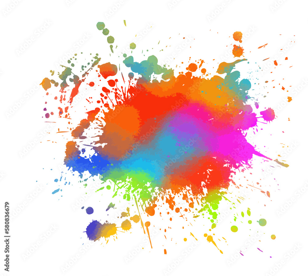 Grunge splatter. Rainbow colors grunge splash. Color explosion. Colored blot on white. Vector illustration