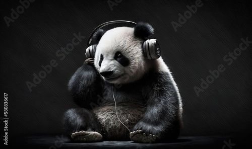  a panda bear with headphones sitting on the ground with its paws on the ground and its headphones up to its ear, with a black background. generative ai