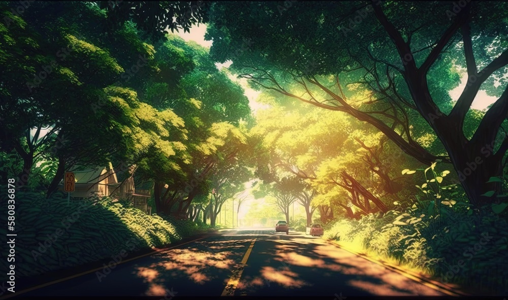  a car driving down a road surrounded by lush green trees and a lush green forest on both sides of the road is a sunlit street.  generative ai