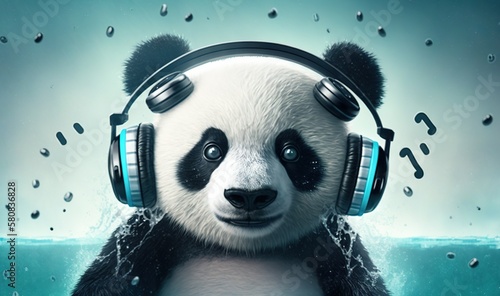  a panda bear wearing headphones and listening to music in the rain with headphones around his neck and earphones hanging from his neck. generative ai