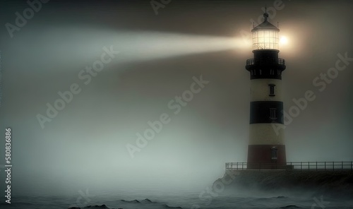  a lighthouse with a light on top of it in the foggy ocean with a light shining on the top of the lighthouse and the water. generative ai