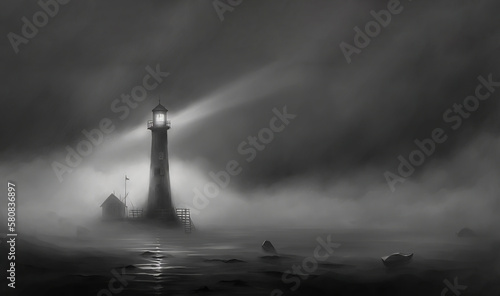  a black and white photo of a lighthouse on a foggy day with a boat in the water and a light house in the distance. generative ai
