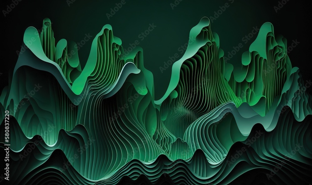 a green abstract background with wavy lines and mountains in the ...