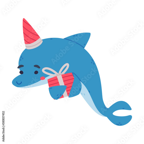 Cute dolphin in party hat holding gift box. Funny dolphinfish character celebrating holidays cartoon vector illustration