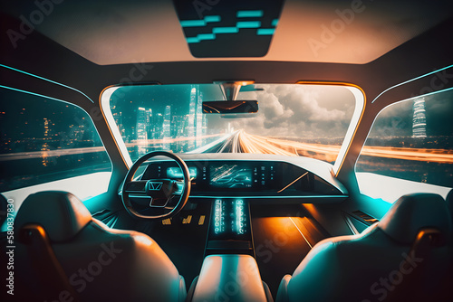Interior of a futuristic luxury car with autonomous driven, illustration ai generative