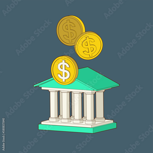 Bank building with money. Online banking, money box, finance, bank transactions, bank service. 3d, isometric vector icon. Cartoon perspective minimal style.