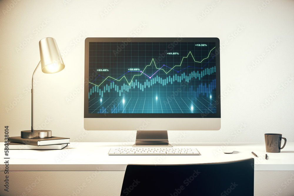 Modern computer display with abstract financial graph, financial and trading concept. 3D Rendering Modern computer display with abstract financial graph, financial and trading concept. 3D Rendering