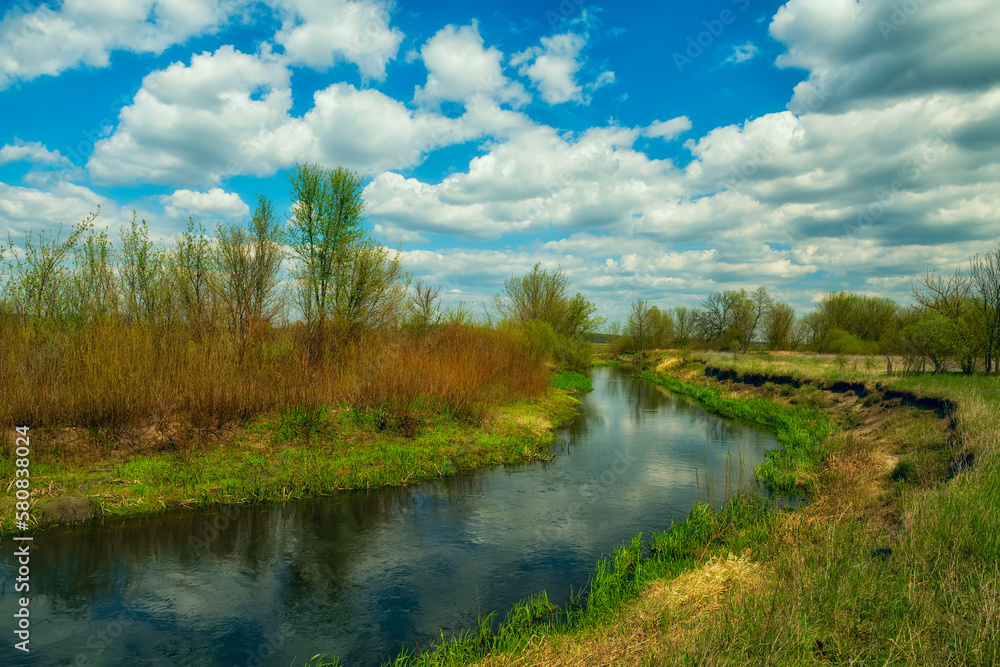 Spring country landscape with a small river. Spring country landscape with a small river.