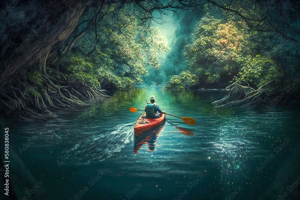 Kayak boat. Kayaking on a river. Generative AI