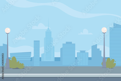 Road empty city street. Empty street or alley in a city park. Street on a Sunny summer day. Flat Vector Illustration, background for an animated video, footage 