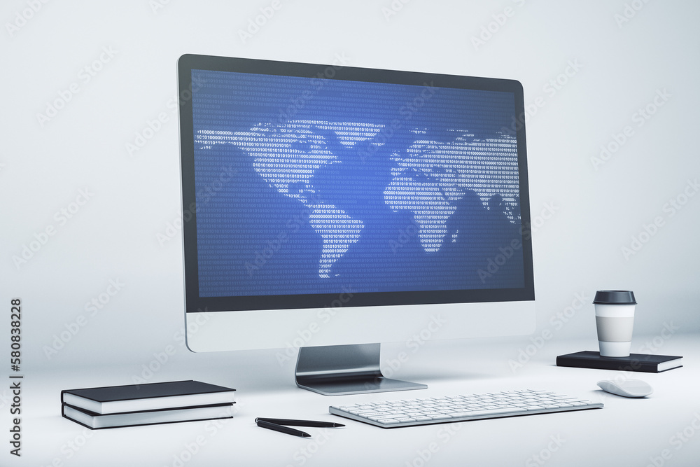 Computer monitor with abstract creative digital world map, globalization concept. 3D Rendering Computer monitor with abstract creative digital world map, globalization concept. 3D Rendering