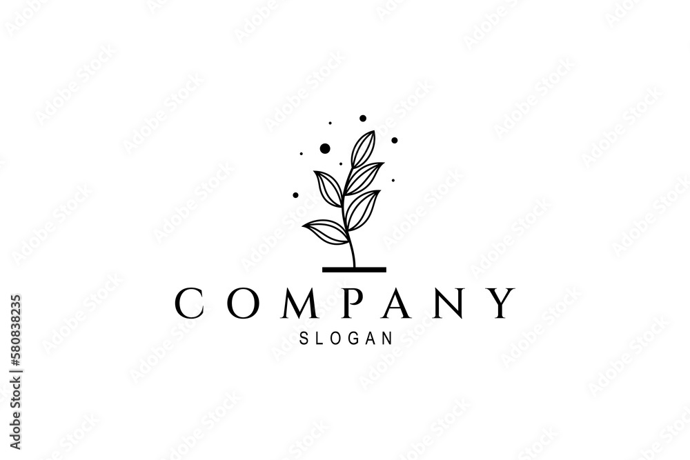 plant logo with several branching leaves decorated with water bubbles in line art design style plant logo with several branching leaves decorated with water bubbles in line art design style