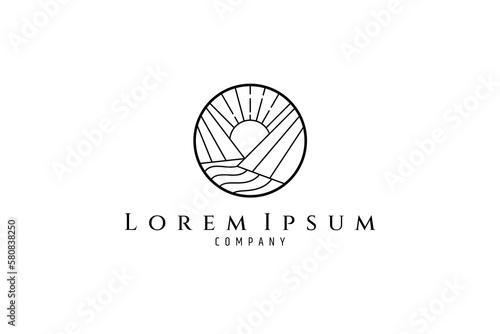 sunrise logo between two high cliffs with flowing water below in circle frame with line art logo design concept