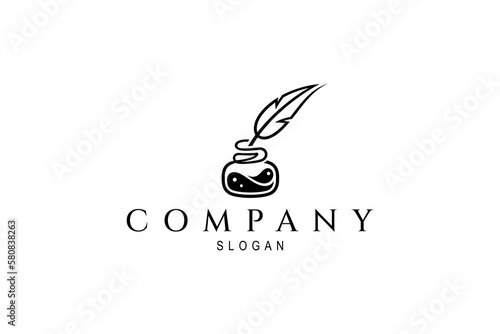 Vector logo of a quill pen with ink bottle in simple flat design style.