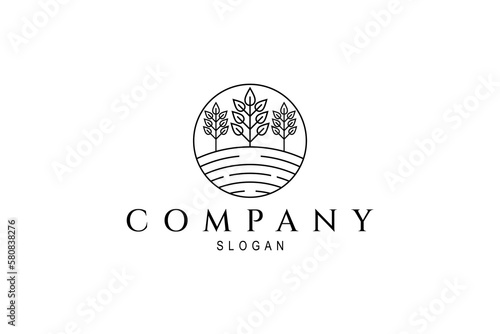 tree seed logo on meadow in circle frame with line art design style