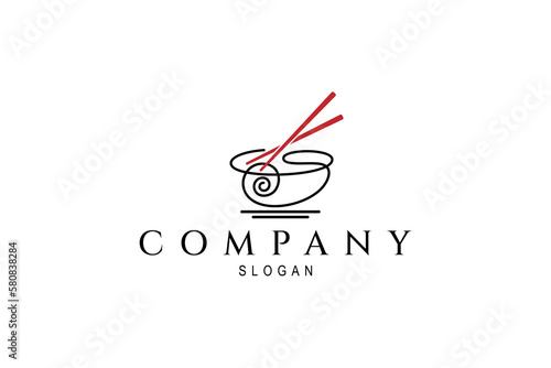 Noodle bowl logo design with chopsticks in simple line art style for ramen restaurant and instant noodle products.