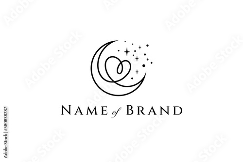 Crescent logo design combined with heart shape and sparkling star in linear style.