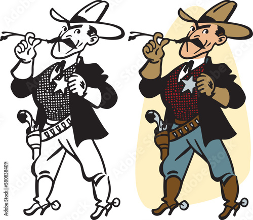 A vintage retro cartoon of an old Western sheriff with a cowboy hat boots and a star badge. 