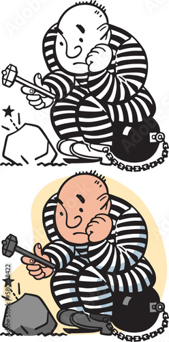 A vintage retro cartoon of a prisoner in a striped uniform in jail breaking rocks. 