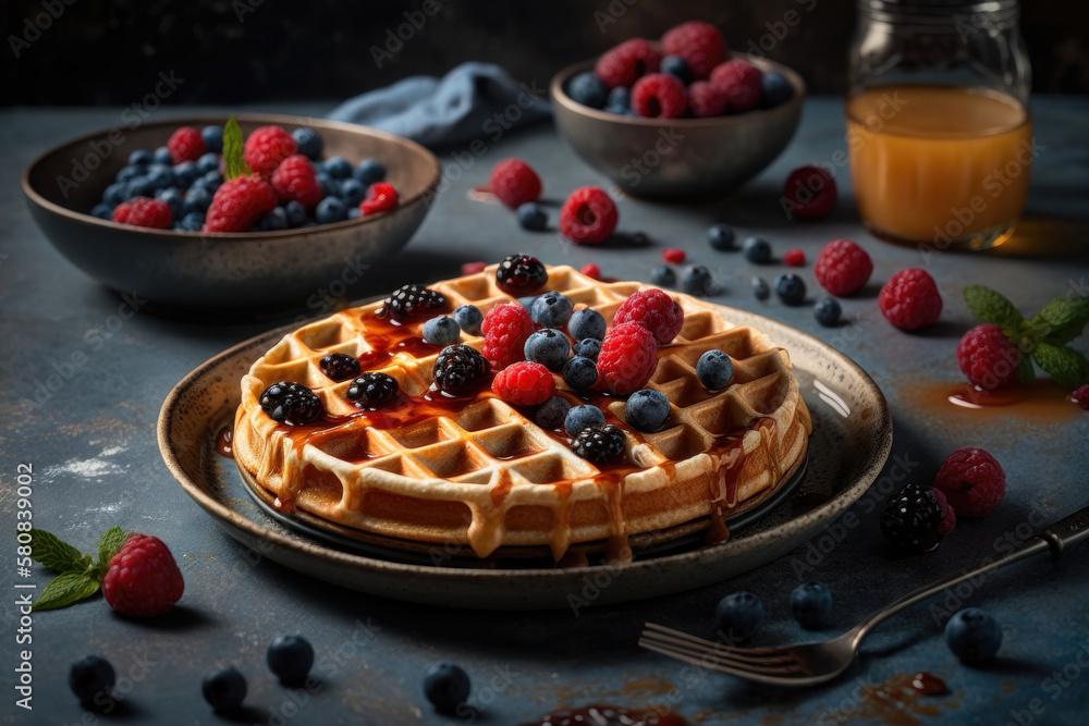 Belgian waffles with raspberries, blueberries and syrup, homemade healthy breakfast. AI generation