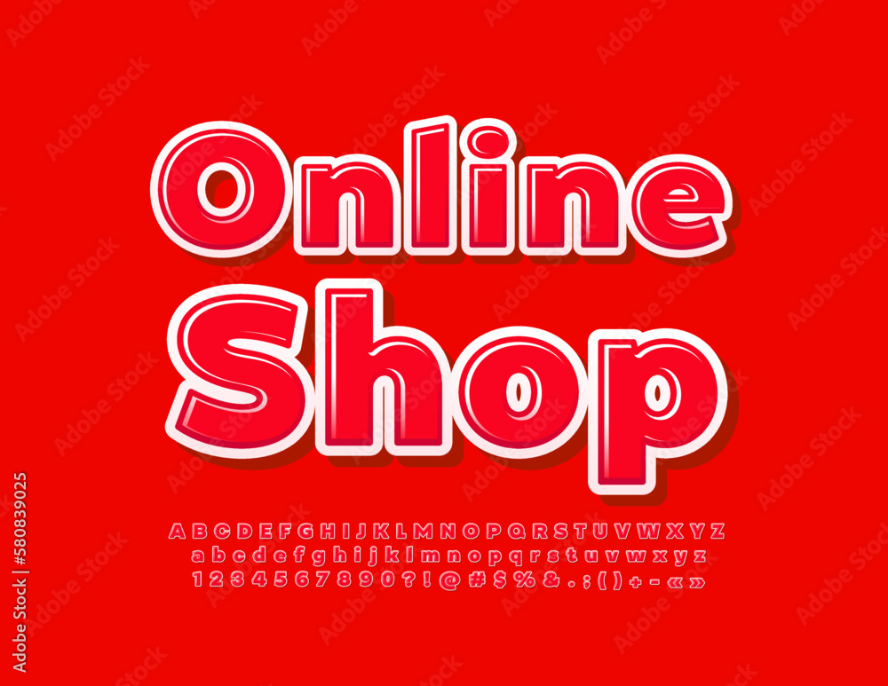 Vector business Signboard Online Shop. Trendy Red Font. Artistic Alphabet Letters and Numbers Vector business Signboard Online Shop. Trendy Red Font. Artistic Alphabet Letters and Numbers