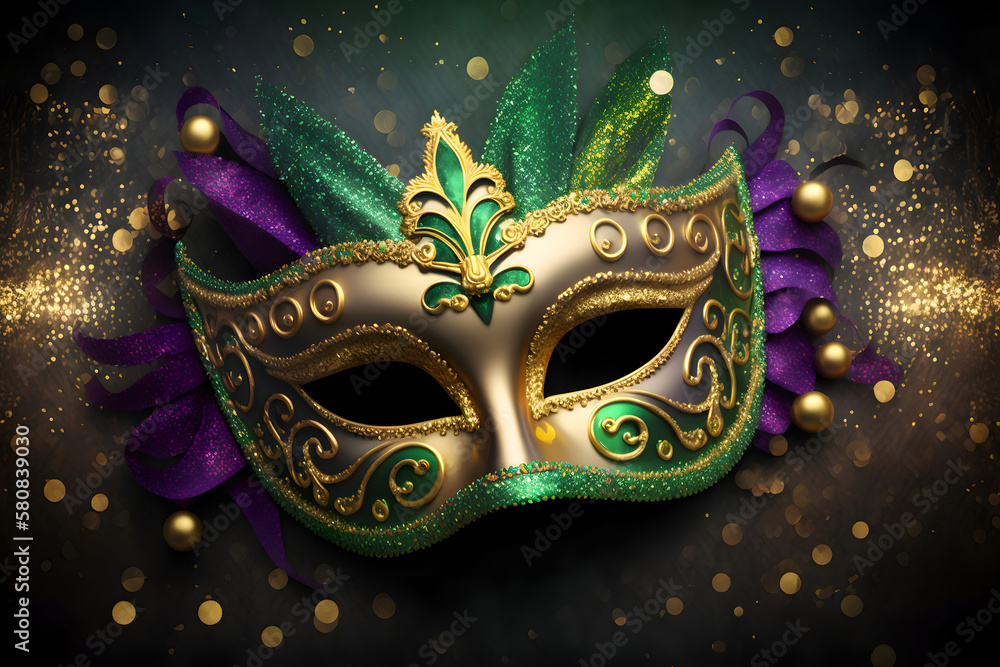 Gold, purple and green glittery mardi gras mask on shining bokeh background