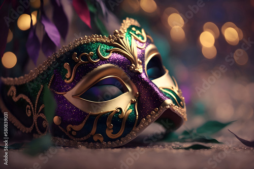 Gold, purple and green glittery mardi gras mask on shining bokeh city banner
